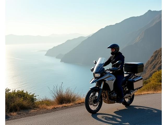 Motorcycle parked near a scenic vista with a rider stretching