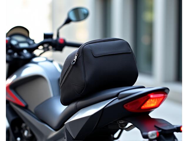 Compact, stylish backpack on a motorcycle for daily commute.