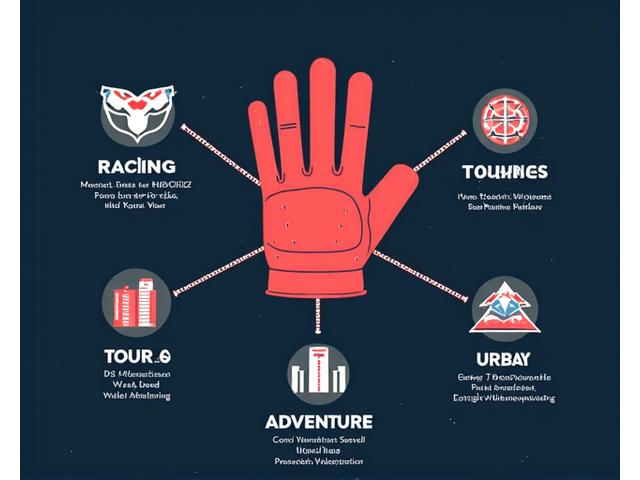 Infographic showing different motorcycle glove types for various riding styles and weather conditions, with arrows connecting them to rider needs.