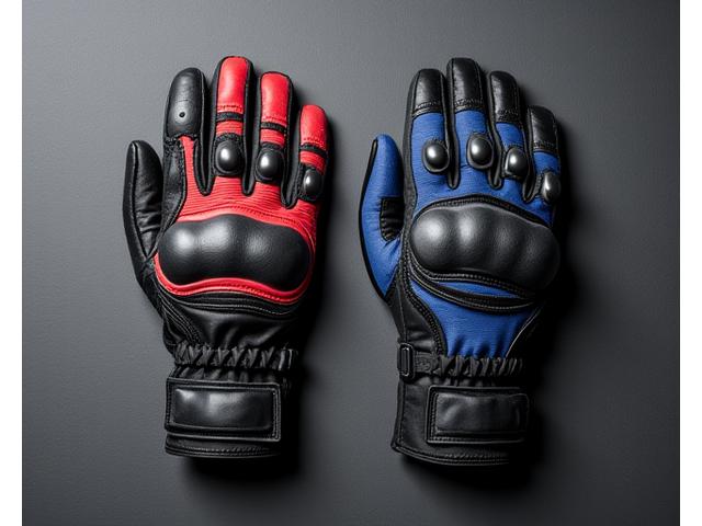 Two different pairs of motorcycle gloves side-by-side for comparison.