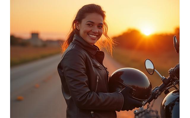 Portrait of a smiling woman motorcycle rider, helmet off, by her bike at sunset